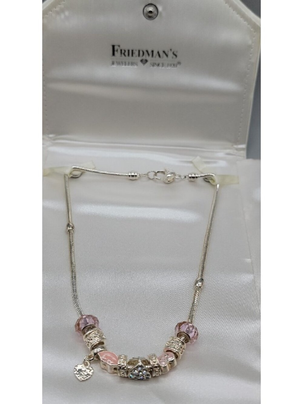 Friedmans Jewelers Breast Cancer Slide Necklace Silver Tone Charm Bead 18" Chain - Picture 13 of 15